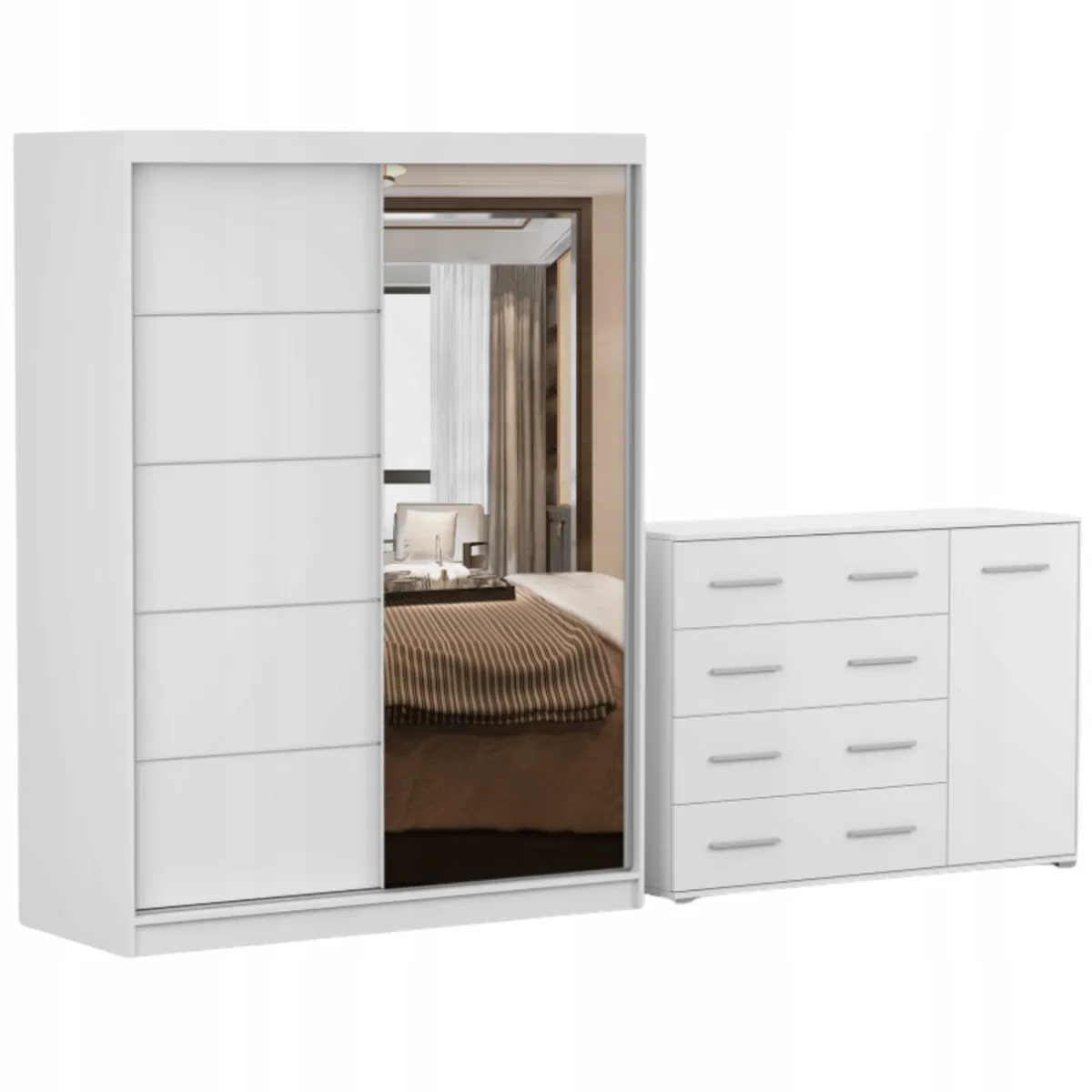 Idźczak Meble Zestaw VISTA 05 Szafa 150 Komoda FRIDA 02 135 półki BIAŁY