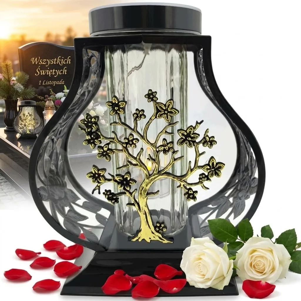 ZNICZ SOLARNY LED DUŻY 27CM CZARNY ZŁOTY LAMPION DRZEWO NA GRÓB CMENTARZ