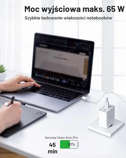 Porty ŁADOWARKA SIECIOWA SZYBKA 65W 3 PORTY USB-C KABEL ZASILACZ TELEFON ...