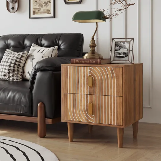 Bohemian four legged bedside table with 2 drawers, geometric inlaid ...