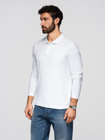 Longsleeve męski BASIC z kołnierzykiem polo – biały Ombre