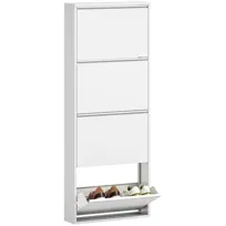 HOMCOM Metalowa szafka na buty z 4 drzwiami, półka na buty, wąska skrzynia na buty, półka na buty, montowana na ścianie na 8 par butów, 55 x 15 x 139,5 cm, biała