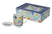 Zestaw 2x Kubek Porcelanowy 340 ml Spodkami i Łyżeczkami Folklor Łowicki