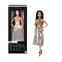 Barbie Basics Model 06, Kolekcjonerska lalka modowa, brunetka, błyszcząca złocista spódniczka i bluzka wiązana na szyi, dla dzieci 6+, fanów i kolekcjonerów JJX25