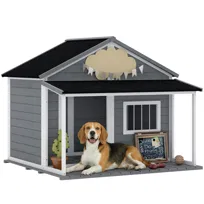 PawHut Dog Kennel, wodoodporna drewniana buda dla psa z tarasem, dachem asfaltowym, oknem, 124 x 112 x 105 cm, zewnętrzna buda dla dużych psów, do użytku wewnątrz i na zewnątrz, w kolorze szarym