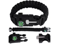 Bransoletka Survivalowa Paracord 5w1 Czarna. Opaska taktyczna z krzesiwem, kompasem, gwizdkiem i nożykiem. Mocna linka 3m o udźwigu 250kg na biwak, trekking i bushcraft. Bądź gotowy na każdą sytuację awaryjną w terenie!