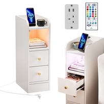 30X20X60CM STOLIK NOCNY Z 2 SZUFLADAMI, 4-WARSTWOWY, WĄSKI, Z GNIAZDKIEM ELEKTRYCZNYM, DREWNIANY, REGULOWANY PASEK ŚWIETLNY BLUETOOTH DO SYPIALNI I SA
