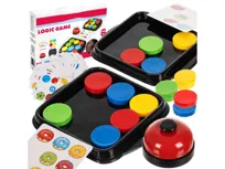 Gra logiczna nauka logicznego myślenia memory układanka edukacyjna dla dzieci 6 plus 2 graczy 40 kart 16 krążków dzwonek rozwój pamięci koncentracji