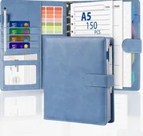 Agoer Segregator notatnika A5 z wymiennymi wkładami, 6-pierścieniowy segregator planer ze skóry PU z 150 arkuszami wkładu ToDo/Tygodniowy/Kropkowany papier, Przekładka na dokumenty, Naklejka i Koperty