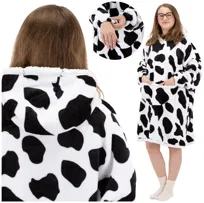 Bluza koc damska 2w1 kocobluza z kapturem ciepła oversize szlafrok futrzak czarno-biała