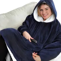 Bluza Koc Kocobluza Oversize Gruba Futrzak 2W1 Ciepła Z Kapturem Niebieska