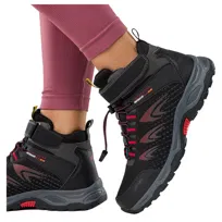 Czarne buty trekkingowe damskie na bieżnikowanej podeszwie z regulowaną elastyczną sznurówką czerwone wstawki softshell Casu 2310-3W-41