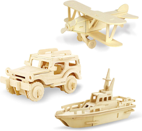 Drewniane puzzle 3D dla dzieci, zestaw 3 modeli: dwupłatowiec, terenówka