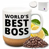 Elegancki kubek z nadrukiem world's best boss dla szefa + podstawka wieczko