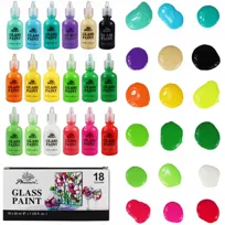 Farby do Malowania Szkła, Ceramiki i Porcelany Phoenix Glass Paint – Zestaw 18 Kolorów Witrażowych 18x30 ml, Transparentne i Błyszczące do Dekoracji i DIY