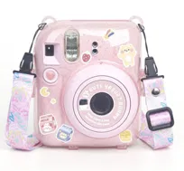 Futerał Etui Pokrowiec Case Do Fujifilm Fuji Instax Mini 12 + Naklejki I Kieszeń Na Zdjęcia / Jogurtowy Królik / Różowy Brokat