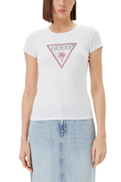 GUESS Biały damski t-shirt z logo z cyrkoniami Triangle Rhinestones XS