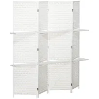HOMCOM 4-panelowa składana ścianka działowa, 181 x 180 cm, wykonana z drewna sosnowego i bambusa, z 2 półkami, wolnostojąca, odpowiednia do sypialni, salonów i biur, biała
