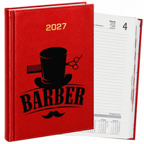 KALENDARZ KSIĄŻKOWY DZIENNY A5 2027 CZERWONY DLA BARBERA FRYZJERA MĘSKIEGO PREZENT Z NADRUKIEM TERMINARZ DO BARBERSHOPU