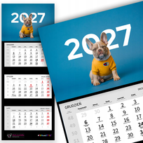 KALENDARZ TRÓJDZIELNY 2027 BULDOG FRANCUSKI ŚCIENNY Z OKIENKIEM NA ŚCIANĘ