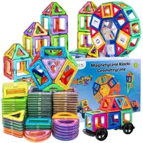 Klocki Magnetyczne 120 elementów 3D Duże Konstrukcyjne - Magnetic Tiles Koło młyńskie, pojazdy Zestaw XXL