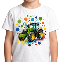 Koszulka chłopięca traktor kolorowy w kropki biały 98/104