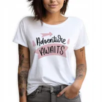 Koszulka Damska Biała T-Shirt roz.S Przygoda Czeka ADVENTURE Wiele Wzorów