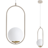 LAMPA WISZĄCA SUFITOWA ŻYRANDOL BIAŁA SZKLANA KULA BEŻOWY RING KASZMIR 15CM