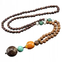 Naszyjnik Drewniany Nepal Buddyjski Mala Tybetański Amulet Ręcznie Wykonany