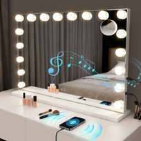 NETTLIFE Lustro do makijażu Hollywood z diodami LED i Bluetooth, 18 diodami LED, duże lustro toaletowe, światło i muzyka, 3 tryby, dotykowe