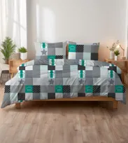 Pościel z kory 160x200 patchwork czarno-biało-turkusowa w gwiazdy i kratę styl vintage KORA HOME