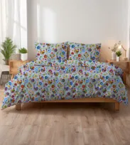 Pościel z kory 180x200 szara folk łowicki w koguty i kolorowe kwiaty KORA HOME