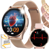 Smartwatch Damski Angelo Watches AT 2024 EKG Pomiar Cukru Ciśnieniomierz Rozmowy AMOLED Złoty + 2 Paski