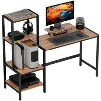Stół komputerowy z podstawką pod monitor, biurko z 4-poziomową półką, design industrialny, brązowy