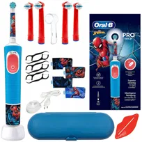 szczoteczka elektryczna ORAL-B Vitality Pro 103, 7 szt - Spiderman dziecięca miękka końcówki etui ładowarka wyciskacz wykałaczki aplikacja Disney