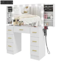 Toaletka HOMCOM z 12 diodami LED, toaletka z lustrem, stacja ładowania, toaletka z uchwytem na suszarkę do włosów, 7 szuflad, 6 ukrytych półek przesuwnych, do sypialni, kolor biały