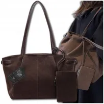 Torebka Damska Zamszowa BAD&BAGS Na Ramię Brązowa Torba Pojemna Elegancka