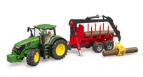 Traktor John Deere 7R 350 z przyczepą wraz z żurawiem i 4 balami drzewa, Bruder 03154