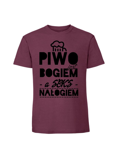 Męska koszulka z nadrukiem - PIWO JEST BOGIEM Burgundowy S TAGFORCE