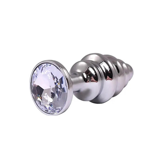 Silver medium ribbed butt plug with white crystal Admiranda