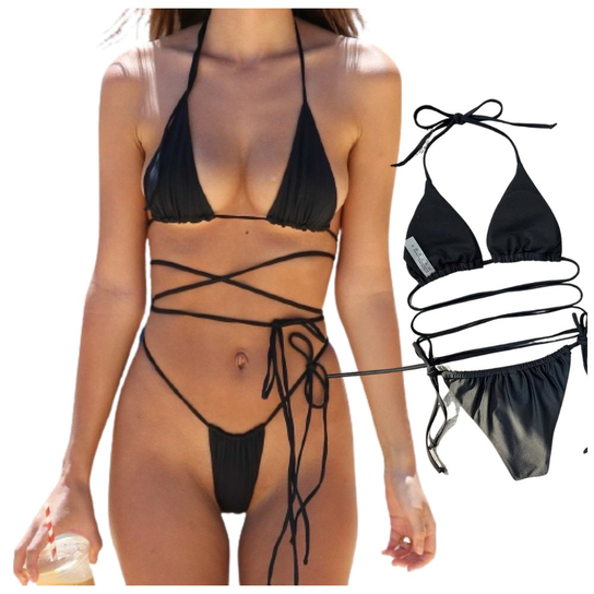 Strój kąpielowy dwuczęściowy wiązany czarny bikini kostium plaża S Sapphire