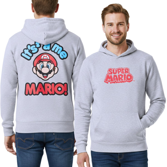 Super Mario Nintendo Męska bluza Z KAPTUREM, SZARA bluza z nadrukiem, duża KIESZEŃ M Super Mario